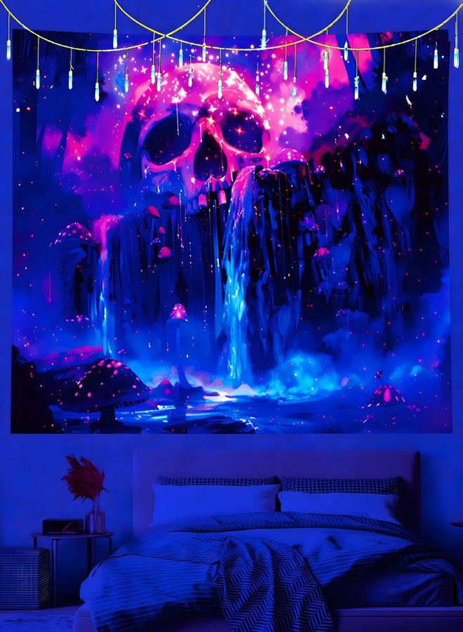 TUGCAY Blacklight Skull Waterfall Tapestry Mushroom Forest Tree Mountain Landscape Tapestry UV Reactive Galaxy Starry Night Tapestries for Bedroom Dorm Decor 60’’ x 50’’ - Image 3